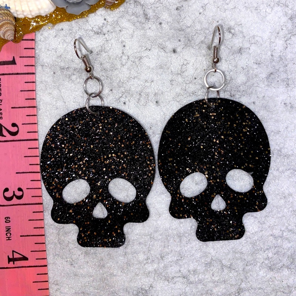 Black and Gold Glitter Leather Skull Earrings